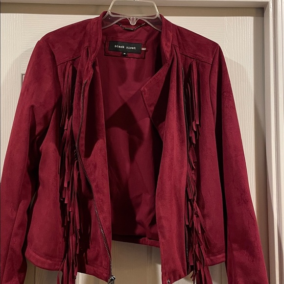 Black Rivet Women's Burgundy Fringe Jacket - Picture 3 of 6